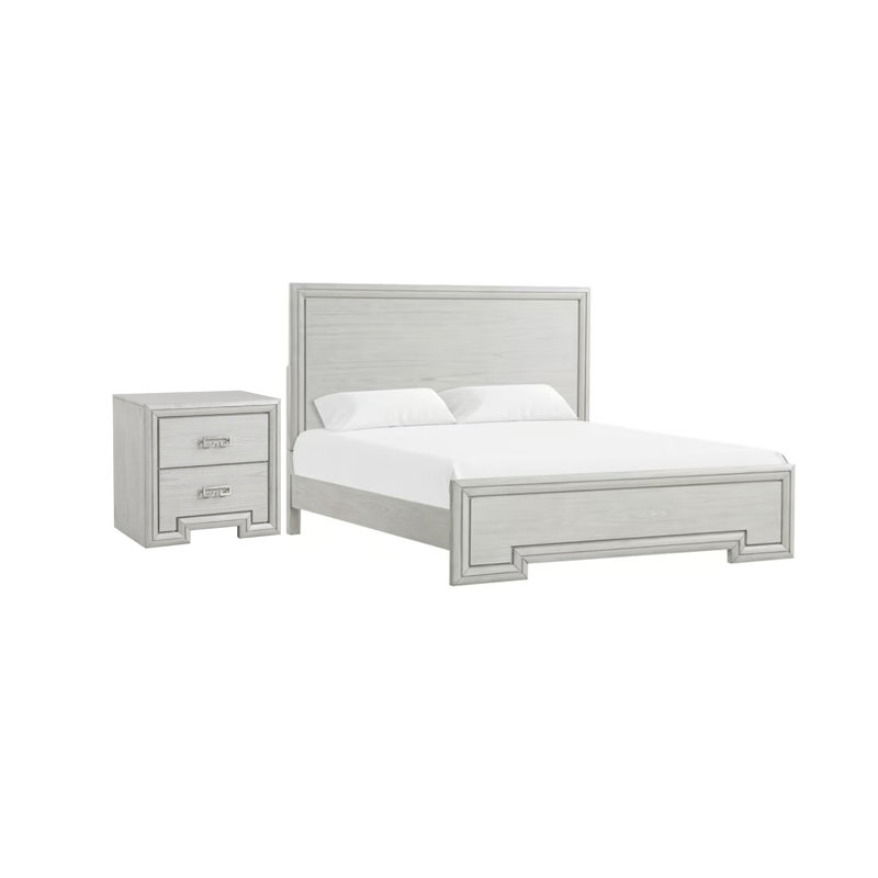 Ensemble de chambre à coucher pour très grand lit 2 pièces, blanc rustique, blanc, bois de nickel, table de chevet