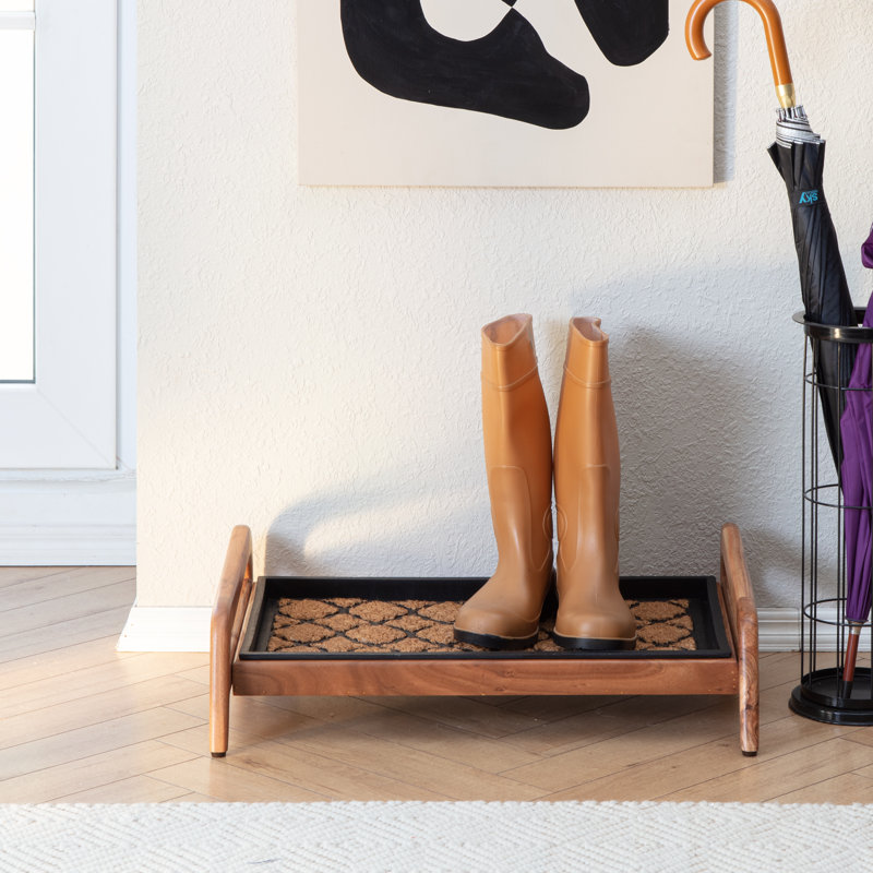 Support à bottes en bois massif de qualité supérieure avec tapis en fibre de coco naturelle - Rangement pour chaussures