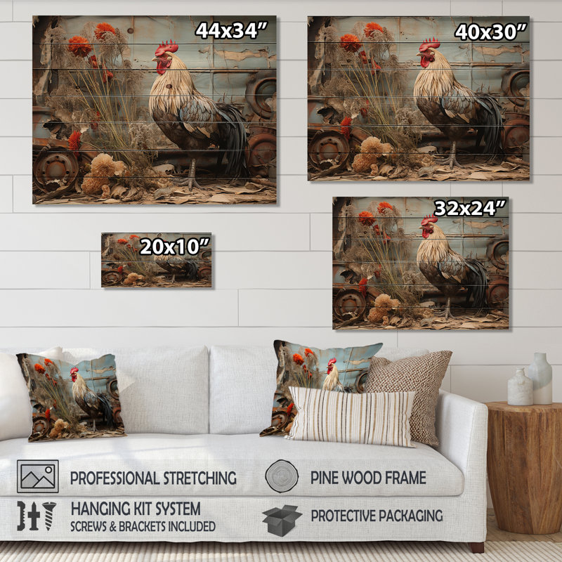 Poulet Barnyard Serenade sur bois, H 24 po x l 32 po x P 0,78 po