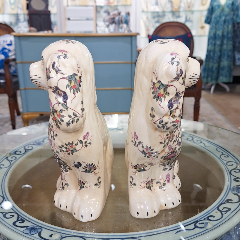 Porcelain Staffordshire Dog Figurines Pair, White floral