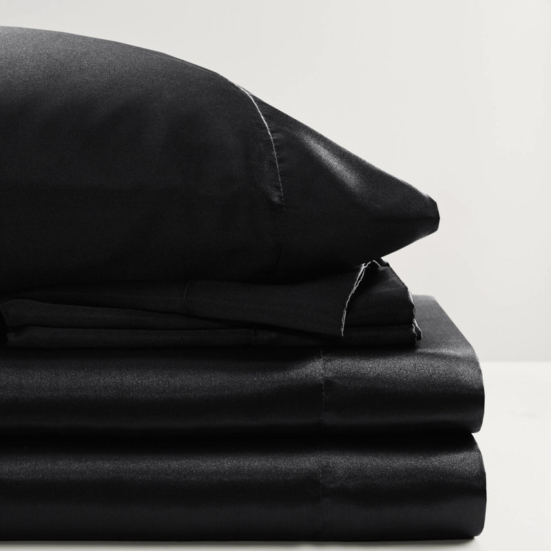 Drap de luxe noir 7 pièces en satin 100% satin, froissé, doux sur les cheveux, 1 plat, 2 ajustés, 4 taies d'oreiller à surface lisse, réduit les frisottis,