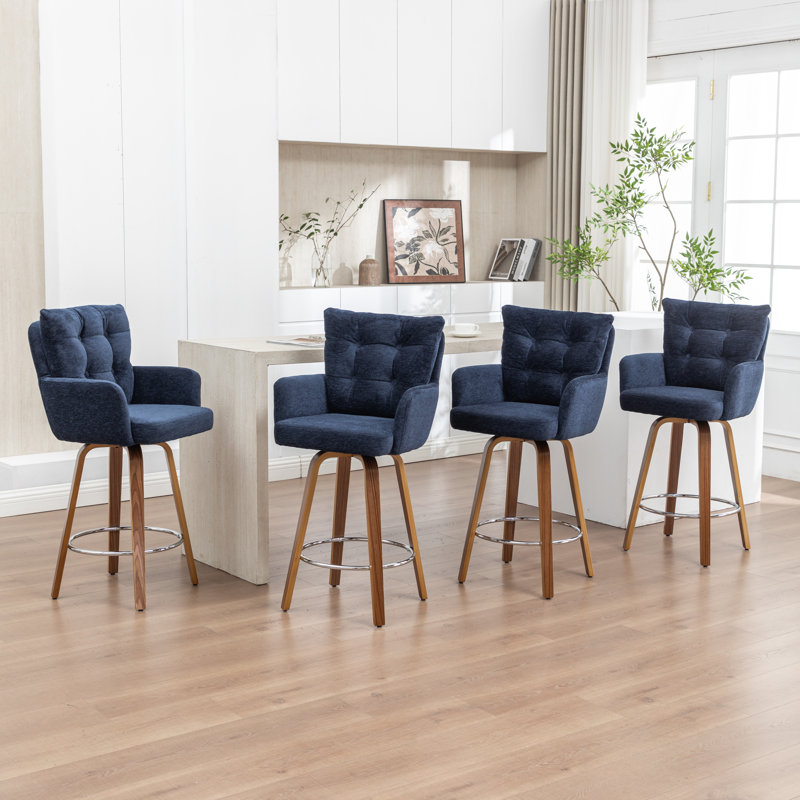 4-Piece Bar Stool Set With Bentwood Legs And Plush Cushions, Blue
