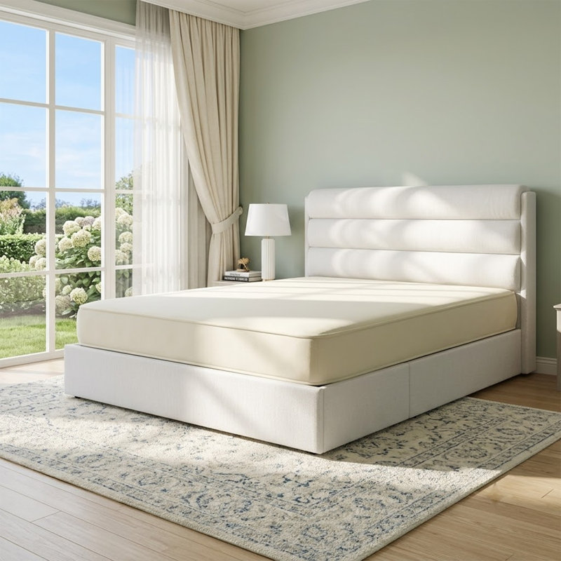 Lit plateforme tapissier avec rangement relevable, Grand, Ivoire ivoire