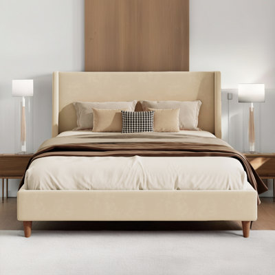 Wingback Velvet Upholstered Headboard Platform Bed