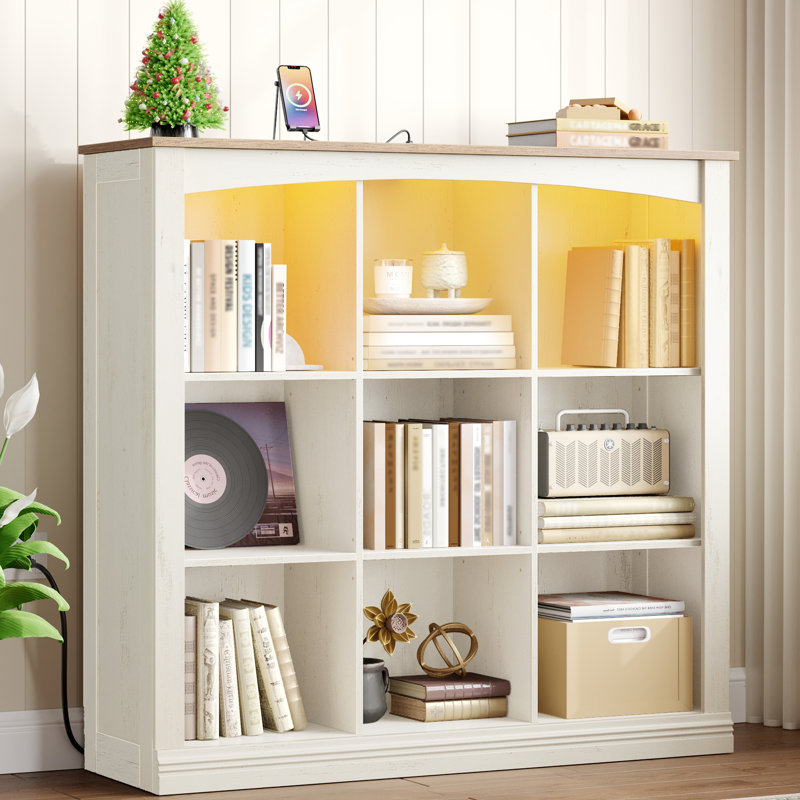 Cube Bookshelf, 9 Cube Storage Organizer, 3 Tier Wood Cubby Bookshelf with Led Lights and Charging, Low Bookcase for Bedroom, Office, Living Room, White