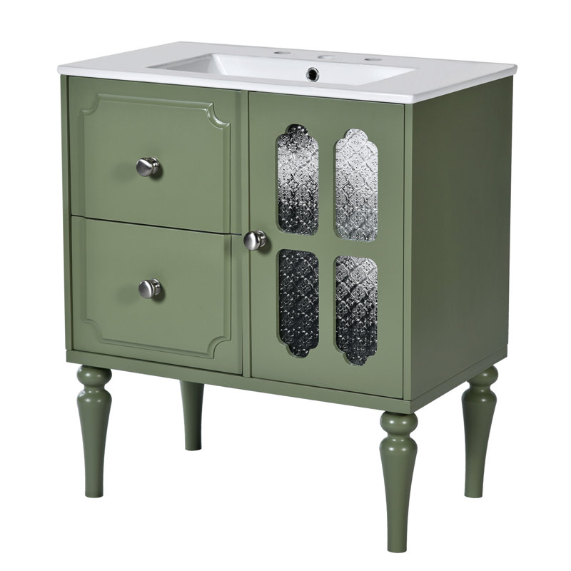 Green Solid Wood Freestanding Bathroom Vanity with Resin Sink