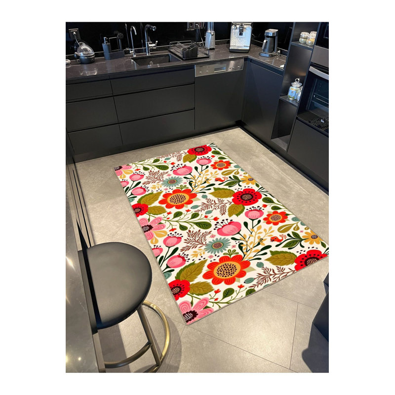 Tapis décoratif à motif floral lavable à la machine, Rectangle 2 pi 6 po x 4 pi 11 po