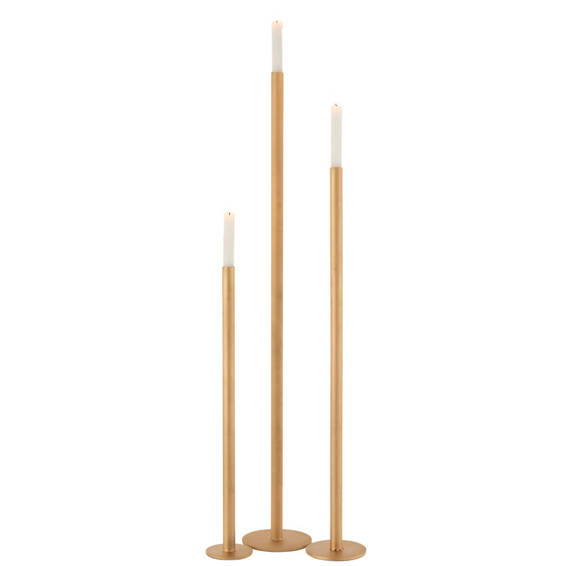 3 Piece Metal Tabletop Candlestick Set, Matte Gold, 100cm H x 15cm W x 15cm D