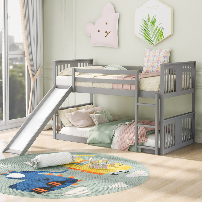 Bunk Bed With Slide And Ladder, Gray, Twin Over Twin