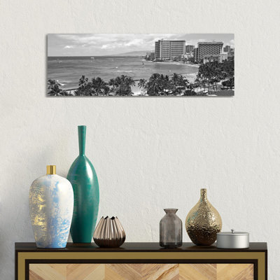 Honolulu Panoramic Skyline Cityscape (Black & White) by Unknown Artist - Wrapped Canvas Panoramic Print