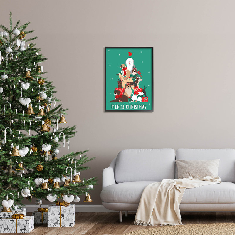 Merry Christmas Happy Dog at-116, Giclée encadrée noir minuit, H 30 po x l 24 po x P 1,5 po