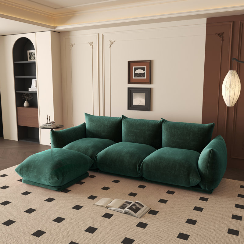 Canapé modulaire rembourré en tissu et chenille 3 places Cath, H 25,2 po x l 103,9 po x P 38,58 po, Chenille verte