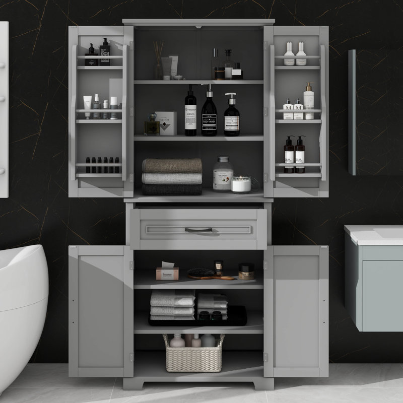 Armoire de rangement de salle de bain avec portes et tiroir, plusieurs espaces de rangement, Gris