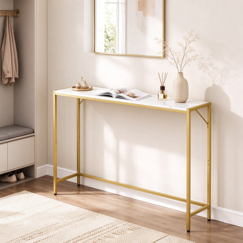 Console étroite avec prises et ports USB, table de canapé en marbre avec structure en métal, table d'entrée pour le salon et le couloir