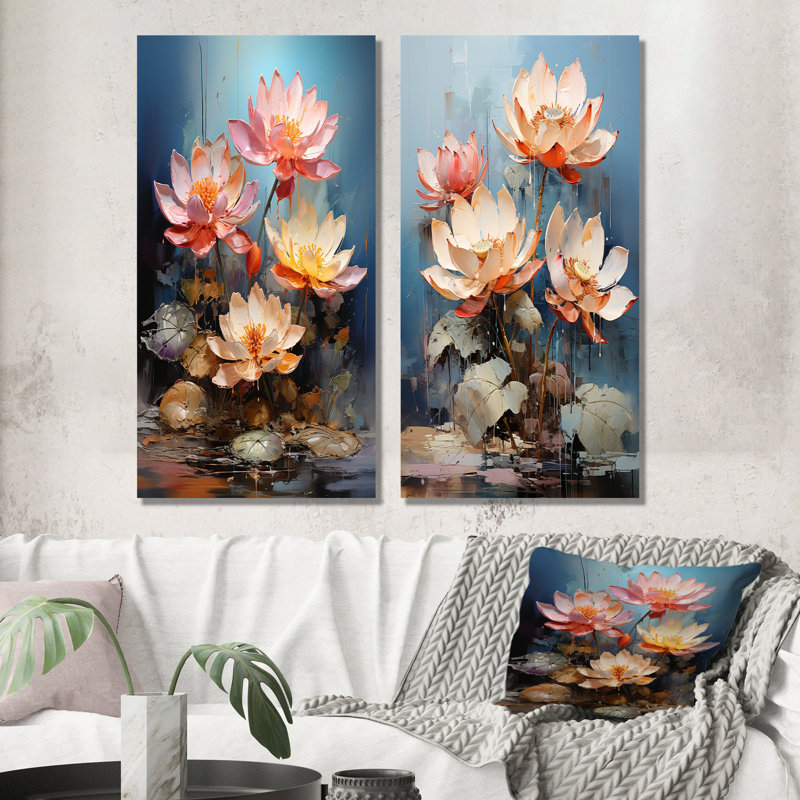 Fleurs de lotus fusionnent avec graffiti - lot de 2 décorations murales lotus, Toile tendue, H 28 po x l 25 po