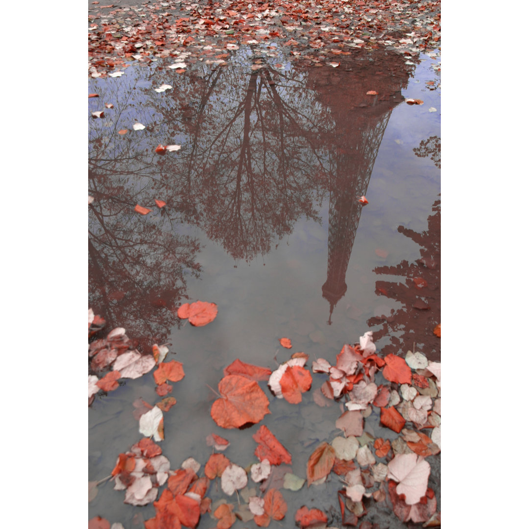 A Puddle Of Water With A Reflection Of The Eiffel Tower von Brasil2 - Kunstdrucke auf Leinwand ohne Rahmen