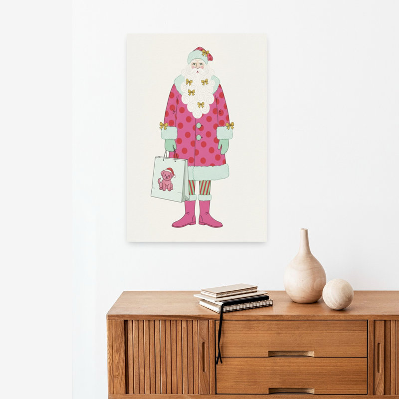 Art mural hivernal fantaisiste, père Noël rose, H 24 po x l 16 po