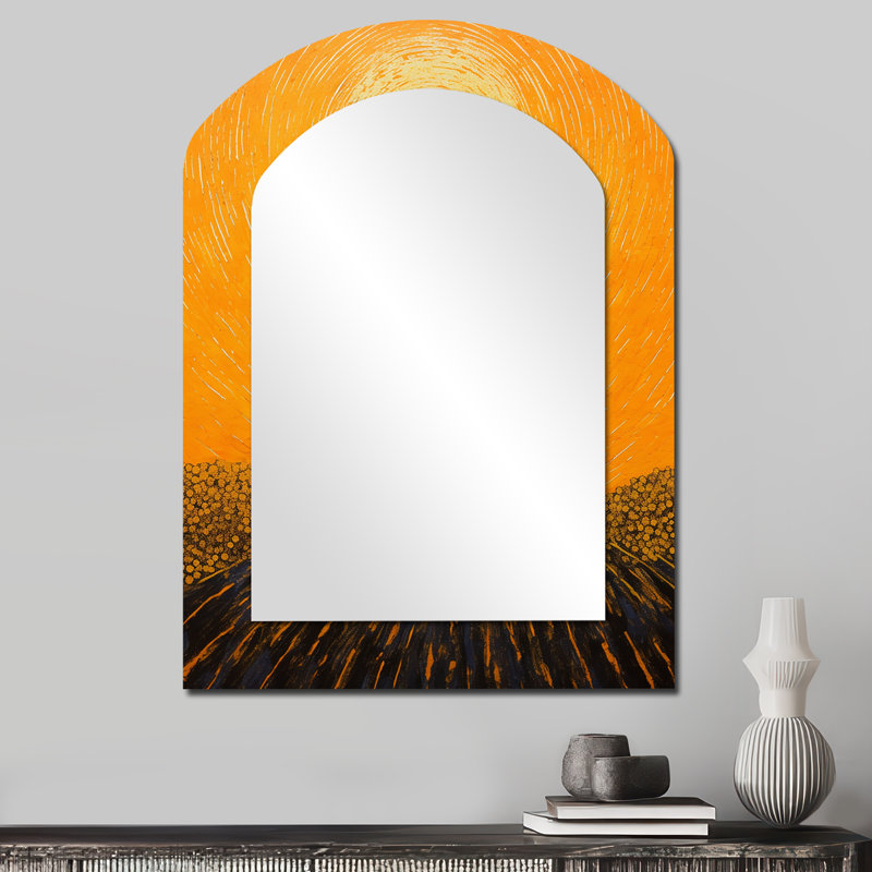 «Pumpkin Passage Landscape» - miroir mural asymétrique lune unique, miroir de forme unique jaune, impression sur métal