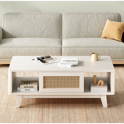 Table basse, tables de salon de style Mid-Century avec rangement, carré moderne avec tiroir en rotin, table de salon en bois avec pieds en bois massif