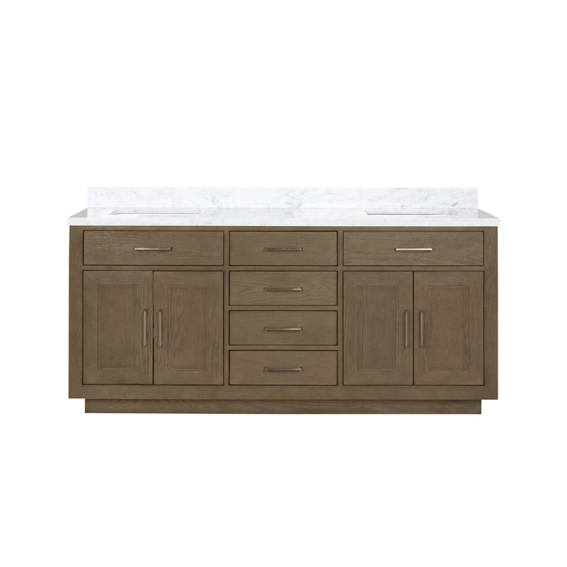 Meuble-lavabo double en chêne gris 72 po X P 22 po D, avec plateau en marbre de Carrare