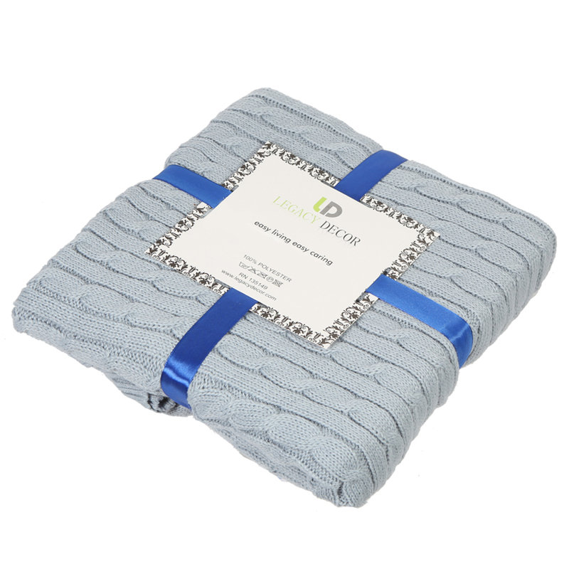 Light Blue Knitted Cable Design Throw Blanket