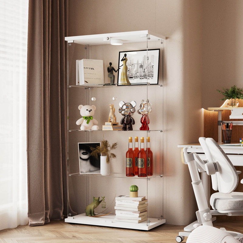 Dedorah Glass Display Cabinet, Curio Storage Cabinet with Door and LED Light, White