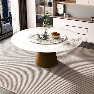 Table de salle à manger de 59 po en marbre fritté de style blanc avec base en acier inoxydable bronze, hauteur de 30 po, pour 6 à 8 personnes, surface résistante à la chaleur, fonction rotative à 360 °