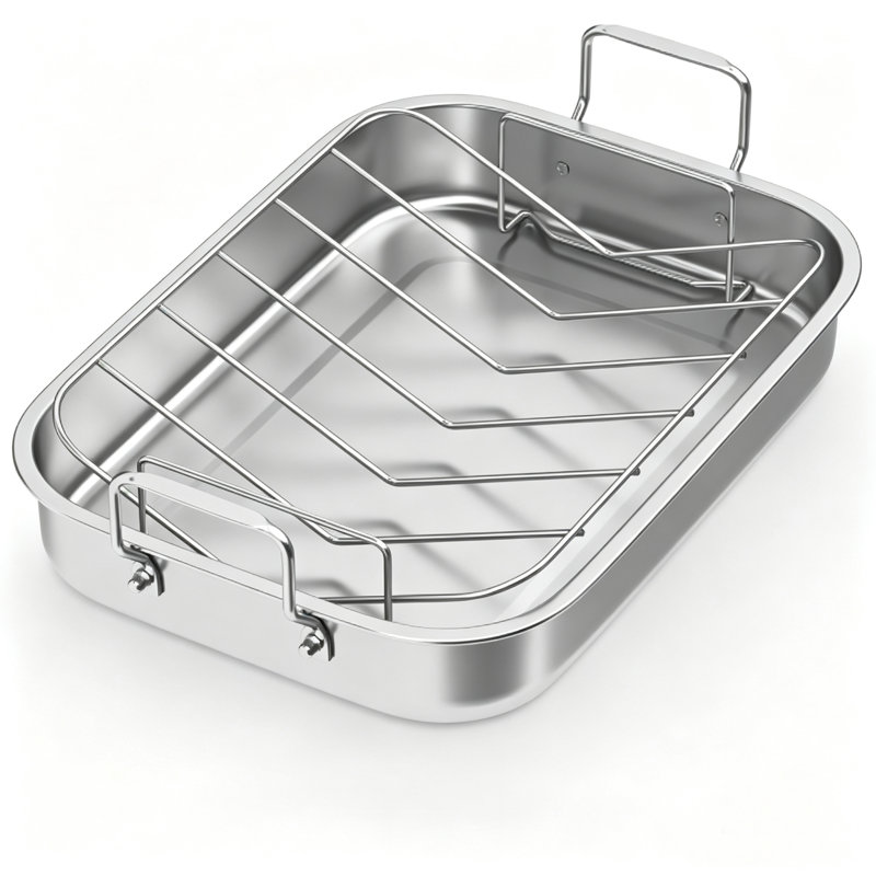 Stainless Steel Roasting Pan with V-Shaped Rack, Heavy Duty Rectangular Roaster with Riveted Handles for Turkey Chicken Ribs Vegetables, Dishwasher Safe