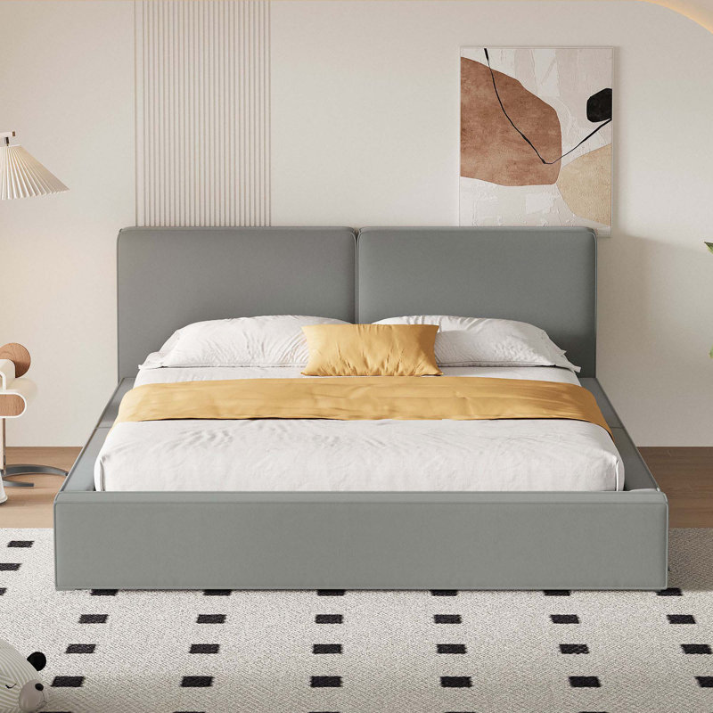 Grand lit plateforme tapissier avec tissu en velours, Gris