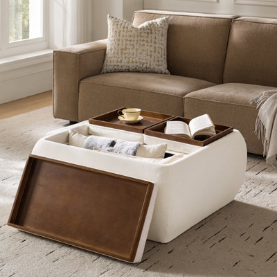 Lessman 37.25"W Mid-Century Modern Chenille Ottoman with Reversible Wood Tray Top and Storage