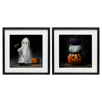 «Vintage Halloween Ghost & Pumpkin», ensemble de 2 reproductions encadrées sous verre, design par Lindsay Kivi Fine Art