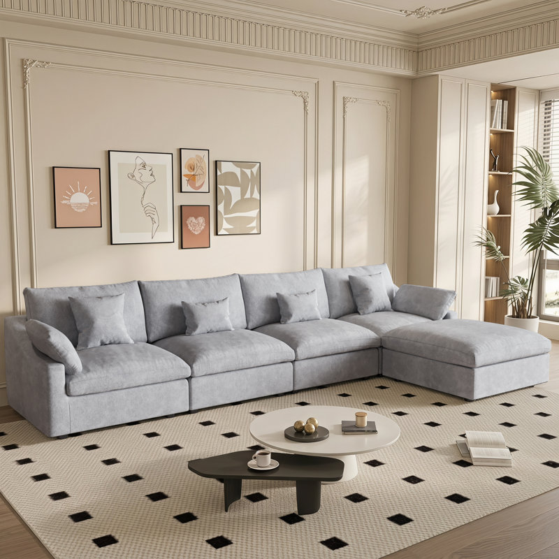 Slipcovered Upholstered Modular Sofa With Ottoman, 29.53" H x 155.9" W x 77.95" D, Gray