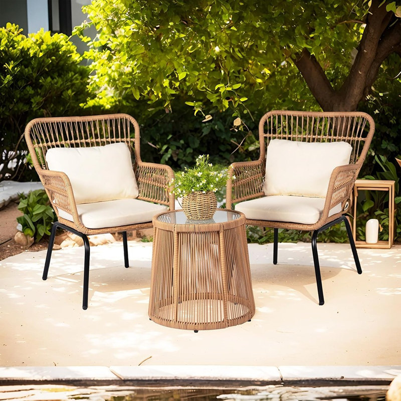 Ensemble bistro 3 pièces, chaises en rotin