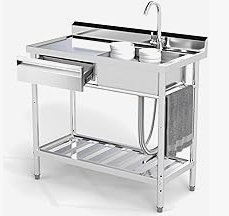 Évier de cuisine 39 po x 20 po x 37 po en acier inoxydable multifonctionnel - Évier de cuisine à double cuve avec robinet escamotable, Évier commercial à double cuve autoportant avec établi - Pour les restaurants, les garages, les magasins et les cafés