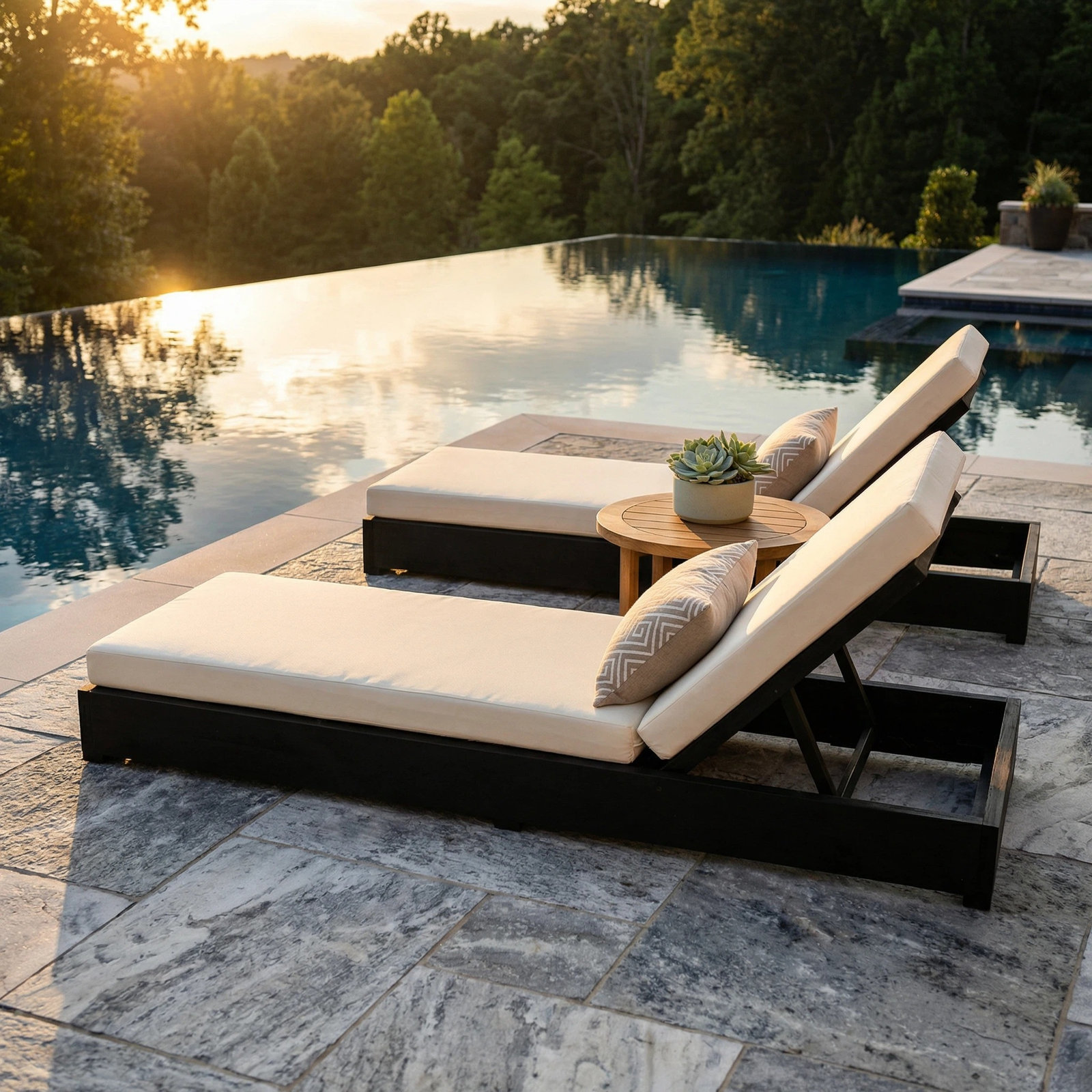 Donnie 30" Acacia Patio Chaise Lounge Set, Cream Cushion/Black Frame, Set of 2