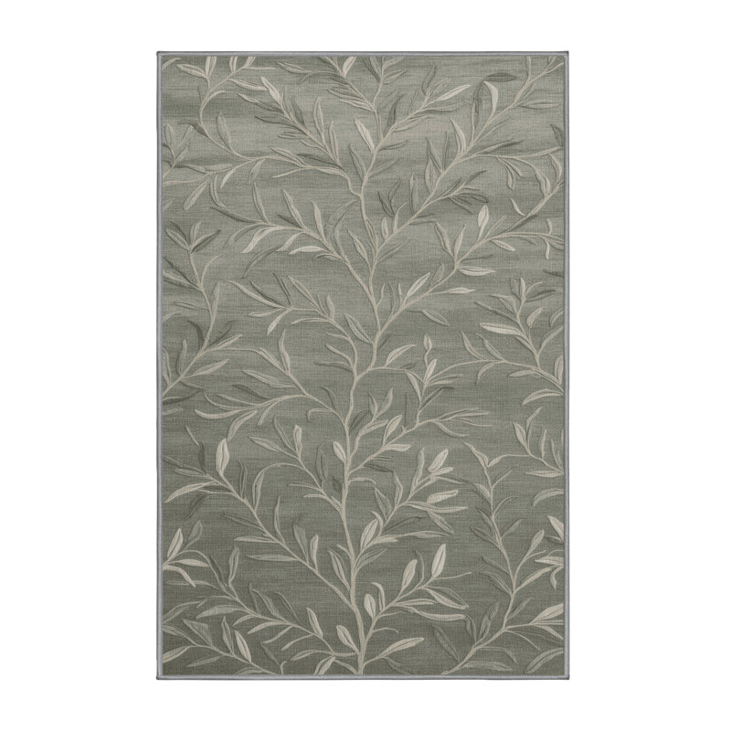 Tapis gris botanique lavable à la machine, Rectangle 6 pi x 9 pi