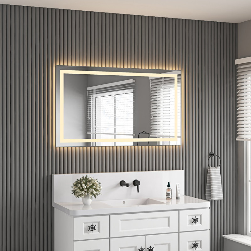 Miroir de salle de bain 48 "x 28" à DEL avec façade et rétroéclairage, miroir de meuble-lavabo mural avec cadre en aluminium, anti-buée, mémoire, 3 couleurs, réglable en continu
