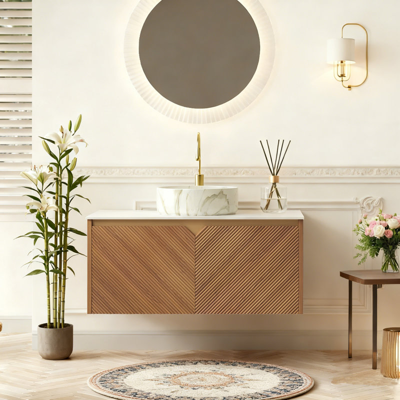 Meuble-lavabo flottant avec lavabo mural 36 po RUBEN, Chêne brun, 36", Blanc