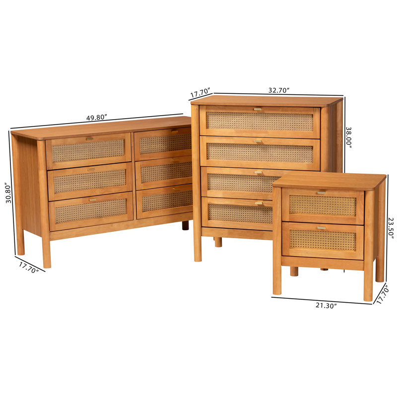 Betzayda Baxton Studio Jenn Golden Brown Wood Japandi 3-Piece Storage Set With Distressed-Finished Rattan