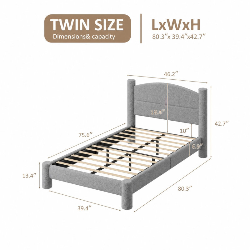 Structure de lit plateforme simple rembourrée en coton gris avec pieds de colonne arrondis, tête de lit rembourrée et support de lattes de matelas pour chambre dortoir