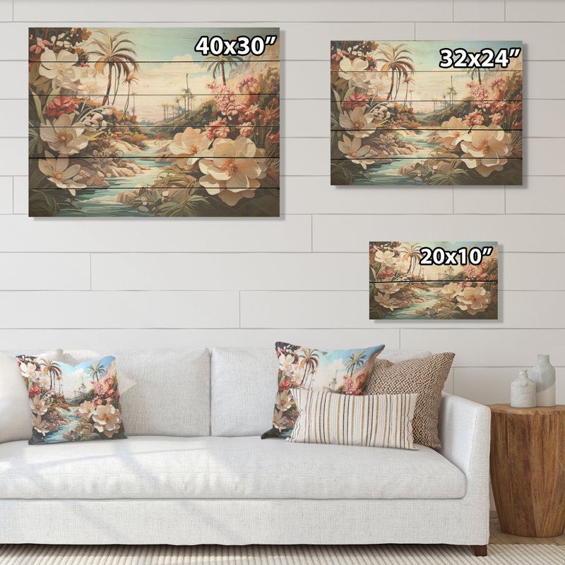 Palmiers, charme côtier I - fleurs, art mural sur bois de pin naturel, H 30 po x l 40 po