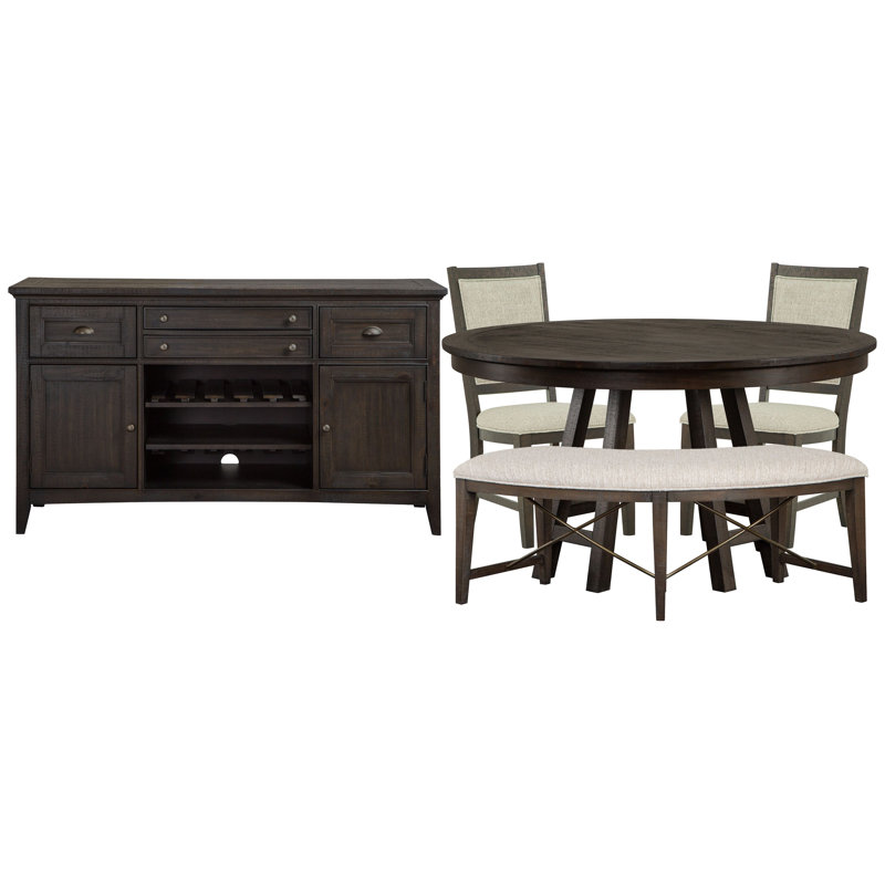 Lyndsey 52" Round Dining Table With 2 Upholstered Side Chairs Curved Bench And Buffet