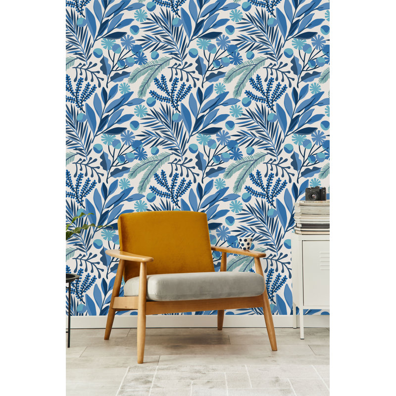 Blue Leaves On White Background Wallpaper B1077, 18.75" W x 25" L, Vinyl