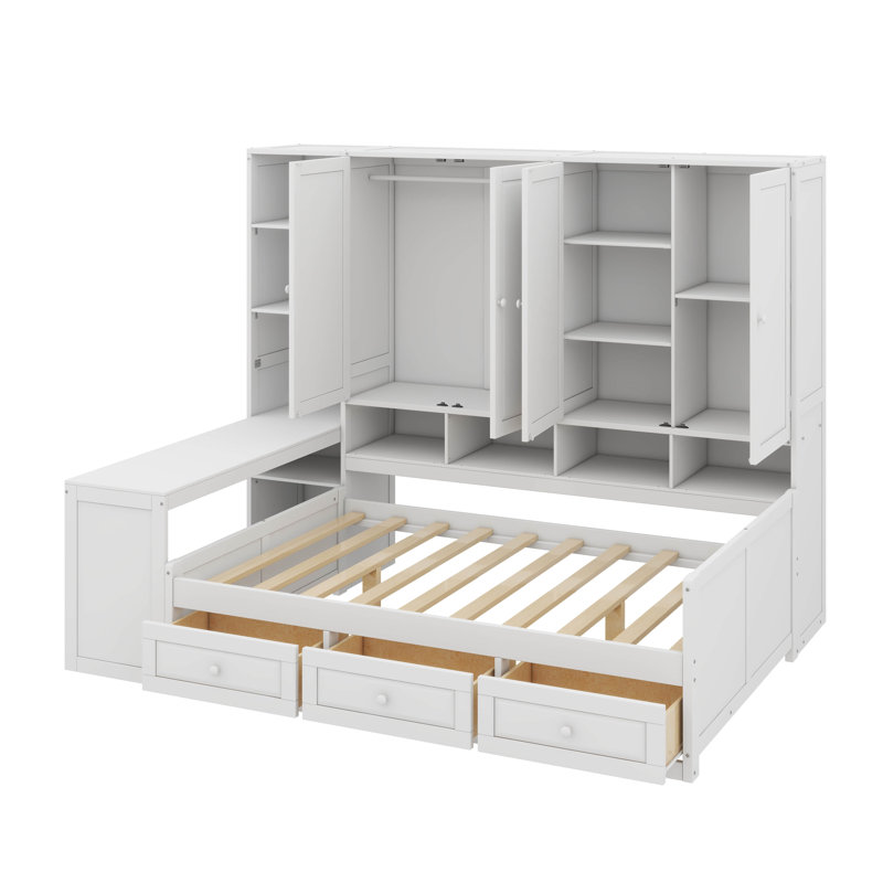 Wooden Daybed With Triple Drawers, Combined Storage, Desk, And Shelving System, White, Full