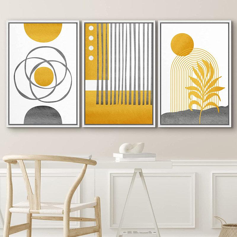 Cadre flottant de style Mid-Century moderne 3 pièces, impression sur toile, H 36 po x l 72 po x P 1,5 po, Blanc