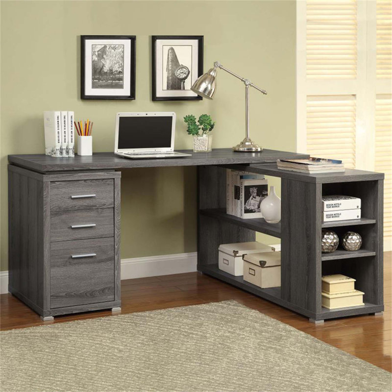 Bureau en L avec tiroirs, finition grise vieillie pour utilisation, rangement pratique