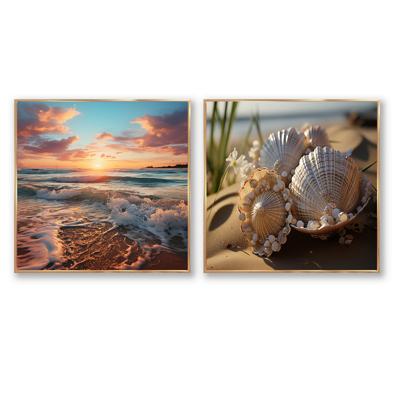 Photo de plage empreintes de pas - ensemble de 2 carrés de plage, H 16 po x l 33 po, Cadre flottant doré