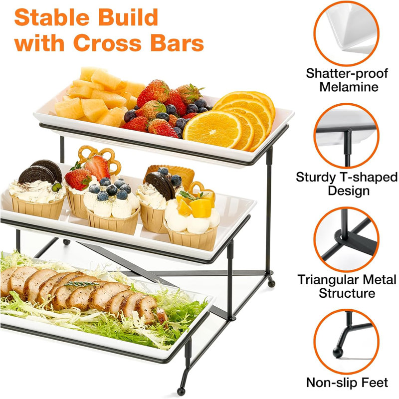 3 Tier Serving Tray Set,  Tiered Serving Trays Platters, Reusable Serving Tray For Party, Collapsible Sturdier Stand With Stable Cross Bars, Serving Platters For Veggie, Fruit, Dessert