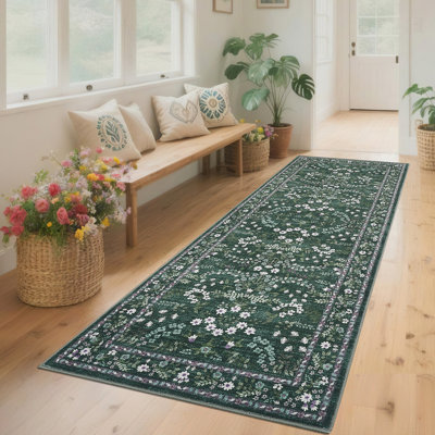 Tapis de couloir moderne à motif floral 2 x 6 lavable pour tapis d'entrée coulissant à poils courts antidérapant