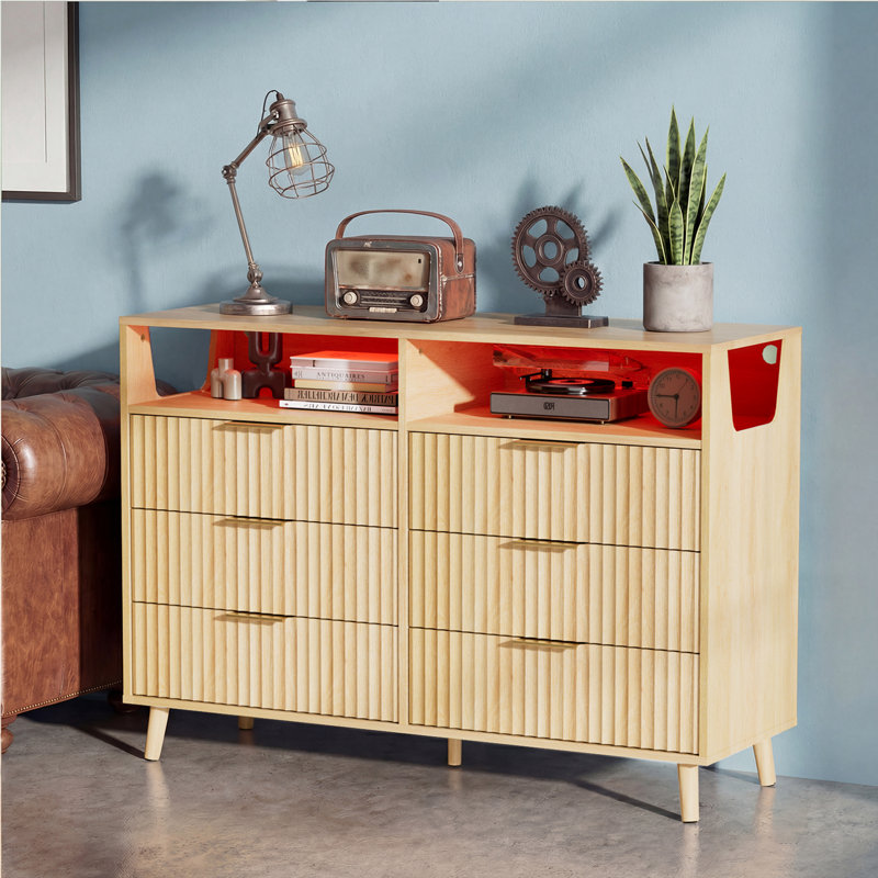 6 Drawer Cabinet With Fluted Panel RGB LED Light 47 Inch W, Oak
